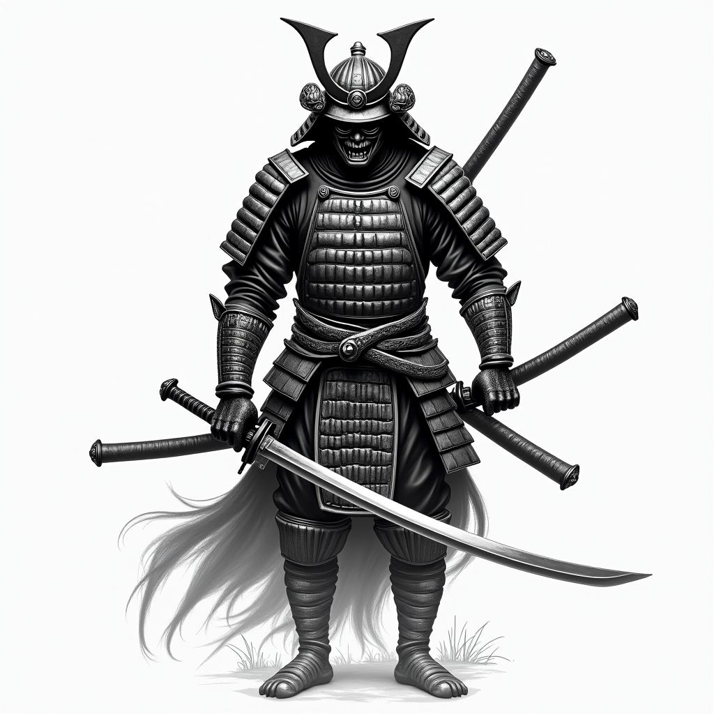 Samurai with a katanatext-based tattoo, gothic font ultra-realistic, perfectly placed, high-quality font design, photo-realistic shading, 8k, high quality, finely detailed typography - Variation 6