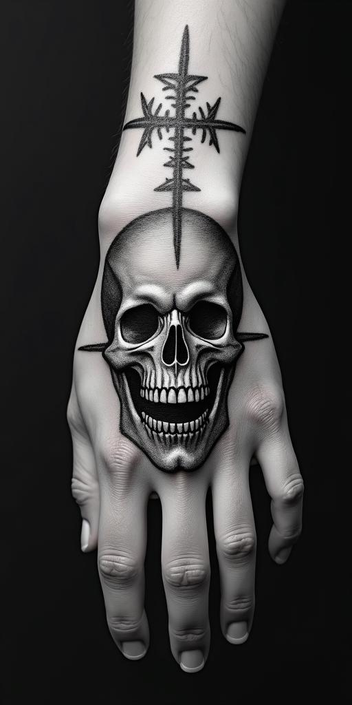 The phrase "idol hands are the devil's playground" portrayed through art. No wordscreepy horror tattoo style, featuring an eerie and unsettling skull of a demonic creature, distorted face with sharp fangs, add pentagram symbol - Variation 2