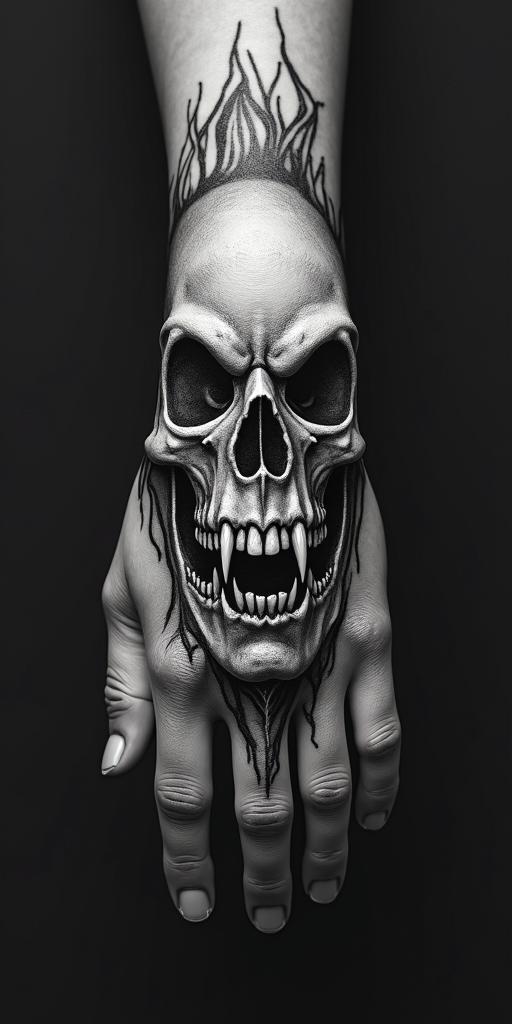 The phrase "idol hands are the devil's playground" portrayed through art. No wordscreepy horror tattoo style, featuring an eerie and unsettling skull of a demonic creature, distorted face with sharp fangs, add pentagram symbol - Variation 3
