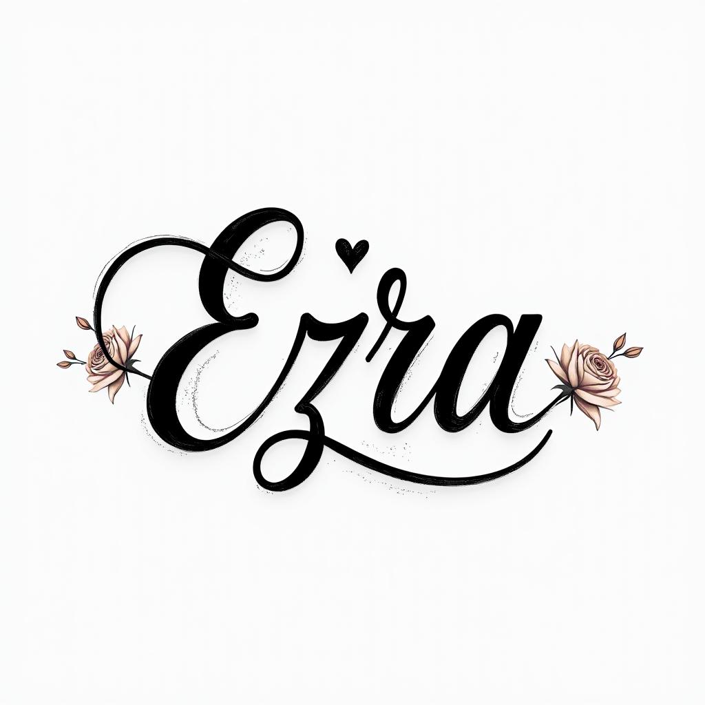 Ezra, Capricorn, December 27thin elegant cursive calligraphy style 2d tattoo, decorate with roses, featuring a smooth and flowing handwritten script with slightly thickened strokes for a luxurious and bold appearance,  heart symbol between names,  sleek and glossy black text with shadowing, minimalist matte white background, clean and sharp edges, illuminated with soft lighting, romantic, 8k, high-quality textures with refined typography - Variation 3