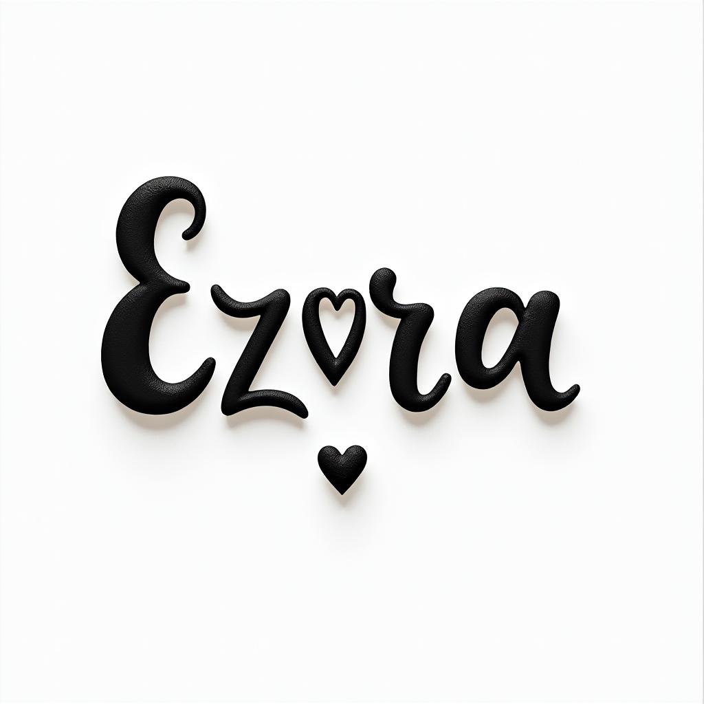 Ezra, Capricorn, December 27thin elegant cursive calligraphy style 2d tattoo, decorate with roses, featuring a smooth and flowing handwritten script with slightly thickened strokes for a luxurious and bold appearance,  heart symbol between names,  sleek and glossy black text with shadowing, minimalist matte white background, clean and sharp edges, illuminated with soft lighting, romantic, 8k, high-quality textures with refined typography