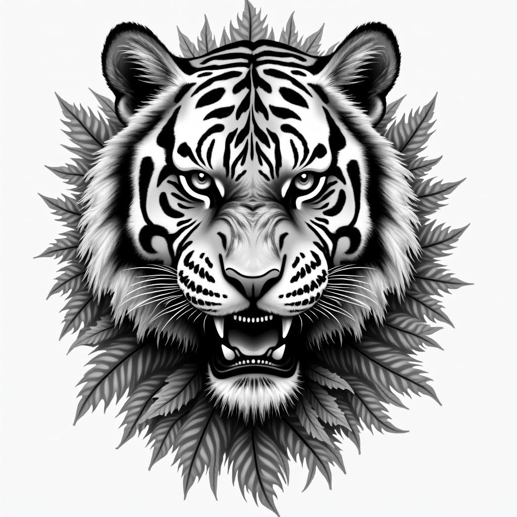 Tiger with intense eyes in a junglehigly detailed tattoo - Variation 22
