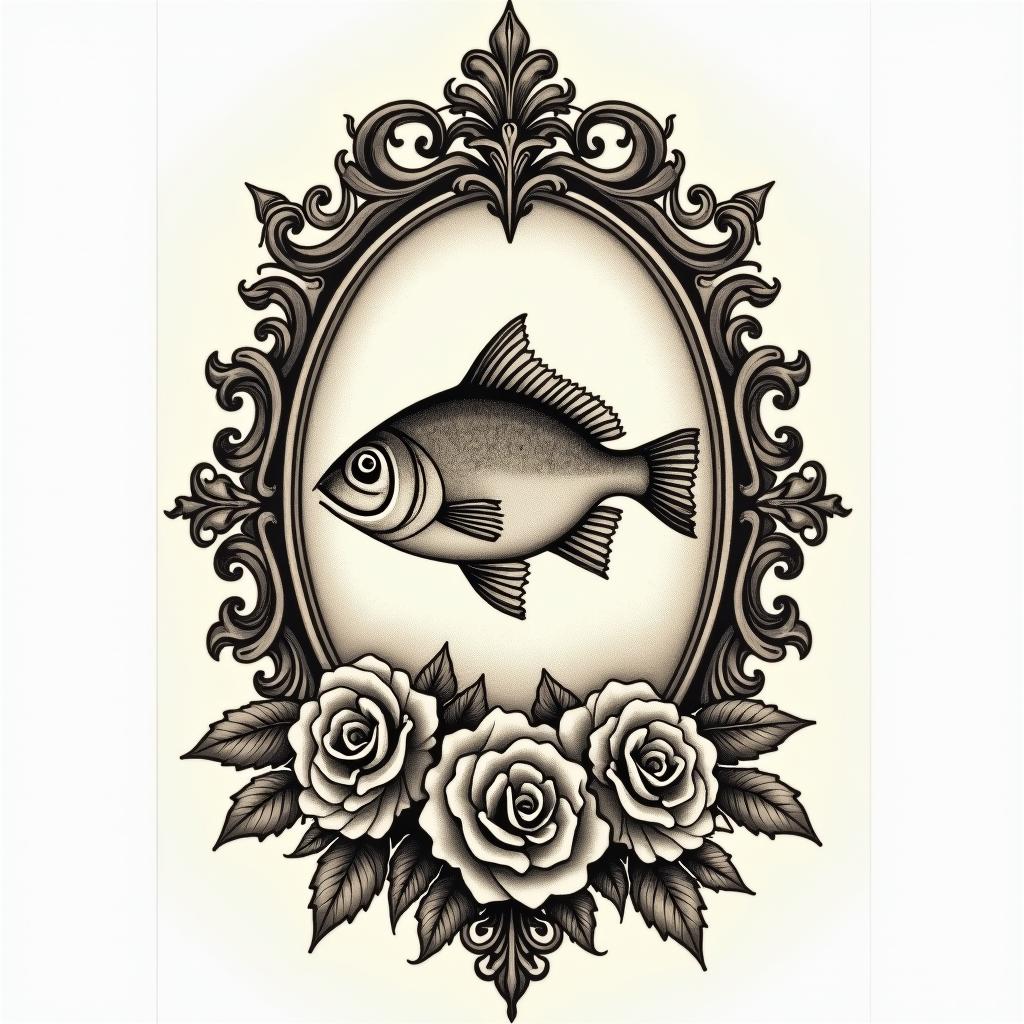 Manuel Aquarium Footballin victorian style tattoo, featuring vintage and elegant elements, ornate frames, roses, antique, sepia-toned color scheme