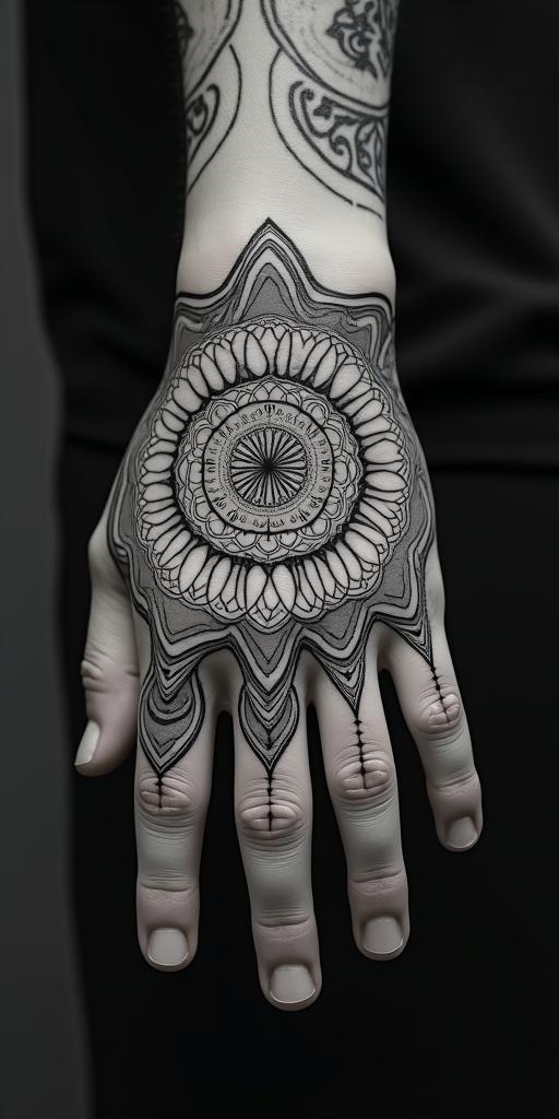 The phrase "idol hands are the devil's playground" portrayed through art. No wordsin dotwork style tattoo, complex mandala patterns, interlocking geometric shapes with sharp symmetry, clean lines, sharp angles - Variation 3