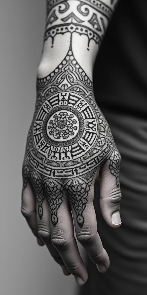The phrase "idol hands are the devil's playground" portrayed through art. No wordsin dotwork style tattoo, complex mandala patterns, interlocking geometric shapes with sharp symmetry, clean lines, sharp angles - Variation 4