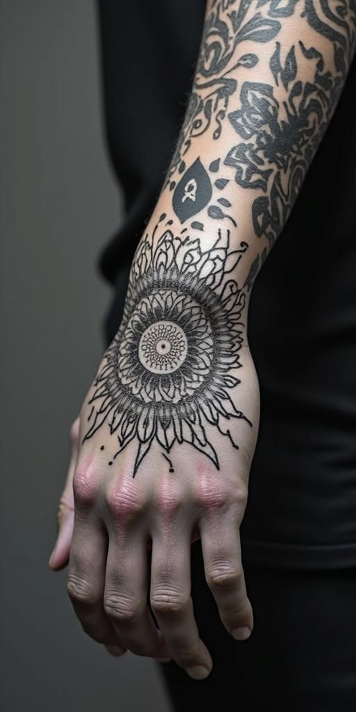 The phrase "idol hands are the devil's playground" portrayed through art. No wordsin dotwork style tattoo, complex mandala patterns, interlocking geometric shapes with sharp symmetry, clean lines, sharp angles
