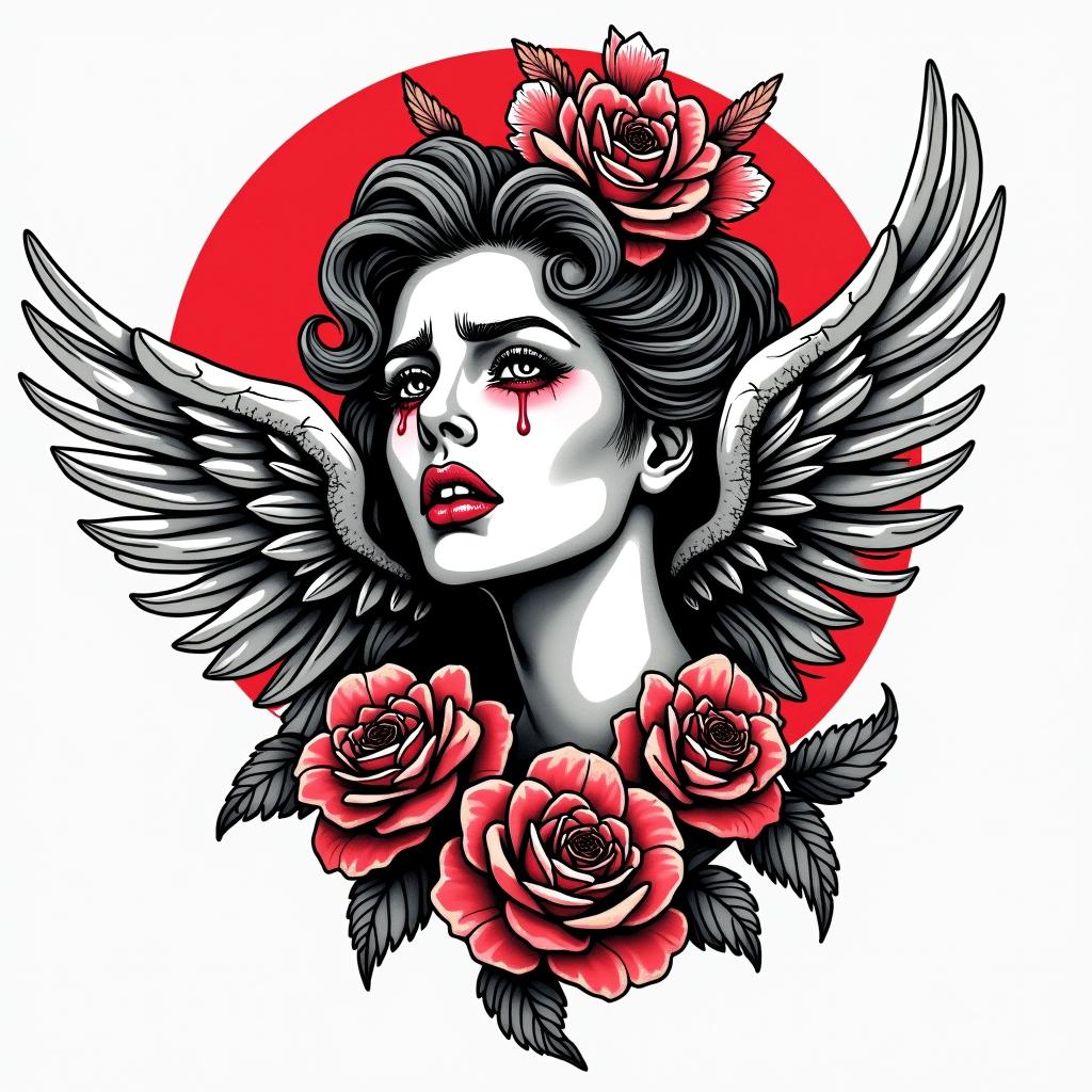 I am 23 years old. I am from Livra. I had a great romantic loss. I have a lot of hate and anger. I like Olympus. And the painting of the crying angel.in pop art style tattoo, featuring bold and vibrant colors, exaggerated outlines, iconic imagery, inspired by comic books and speech bubbles, comic book characters, retro pop culture - Variation 2