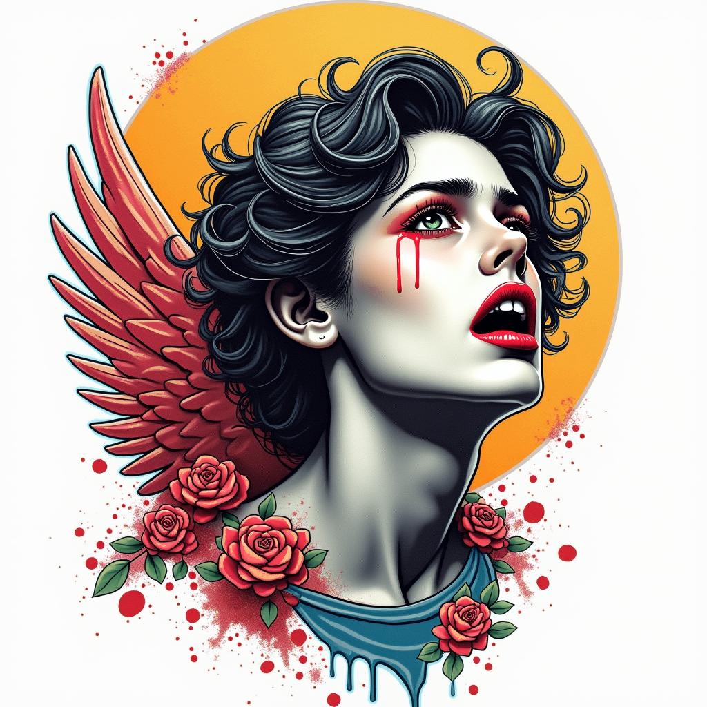 I am 23 years old. I am from Livra. I had a great romantic loss. I have a lot of hate and anger. I like Olympus. And the painting of the crying angel.in pop art style tattoo, featuring bold and vibrant colors, exaggerated outlines, iconic imagery, inspired by comic books and speech bubbles, comic book characters, retro pop culture - Variation 3