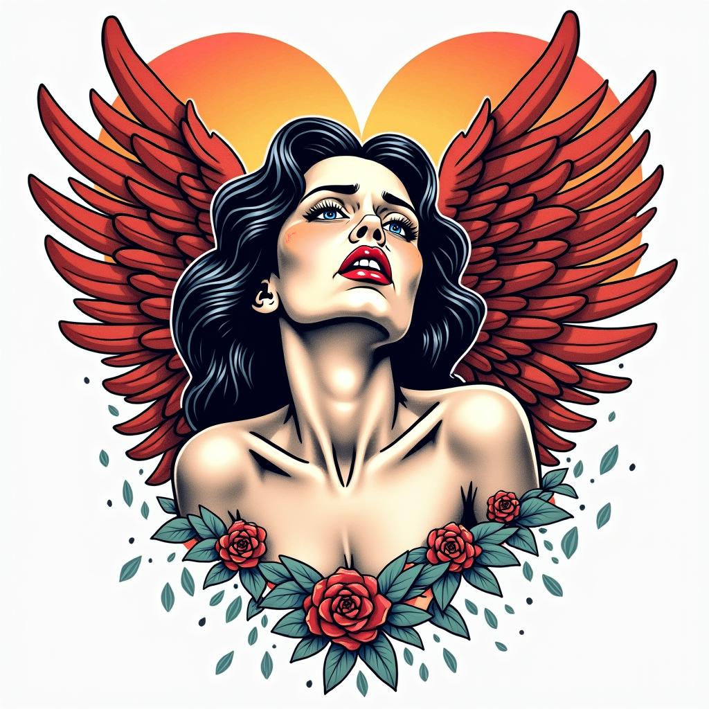 I am 23 years old. I am from Livra. I had a great romantic loss. I have a lot of hate and anger. I like Olympus. And the painting of the crying angel.in pop art style tattoo, featuring bold and vibrant colors, exaggerated outlines, iconic imagery, inspired by comic books and speech bubbles, comic book characters, retro pop culture