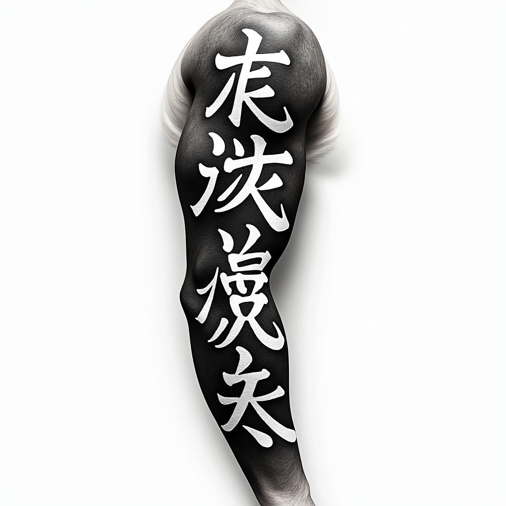 Japanese Samurai Full Arm Sleevetext-based tattoo, japanese font ultra-realistic, perfectly placed, high-quality font design, photo-realistic shading, 8k, high quality, finely detailed typograph