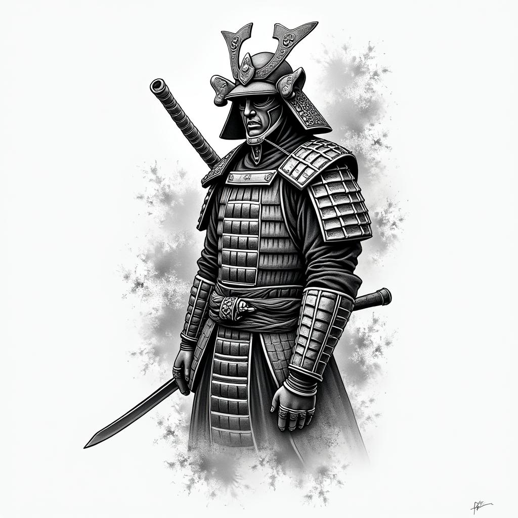 Japanese Samurai Full Arm Sleevetext-based tattoo, japanese font ultra-realistic, perfectly placed, high-quality font design, photo-realistic shading, 8k, high quality, finely detailed typograph - Variation 2