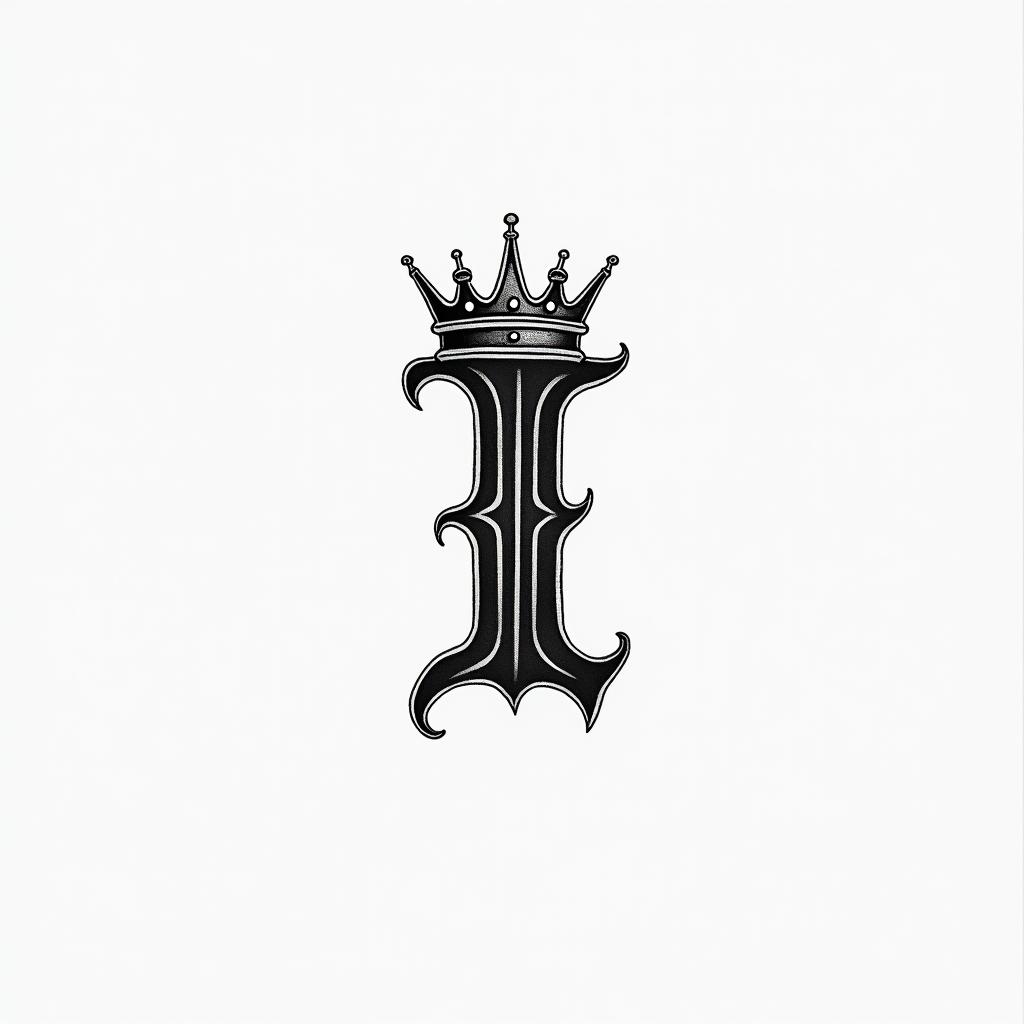 The letter I with a crownminimalist text-based tattoo, Monospace font ultra-realistic, perfectly placed, high-quality font design, photo-realistic shading, 8k, high quality, finely detailed typograph - Variation 4