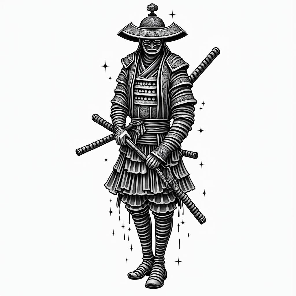 Japanese Samurai Full Arm Sleeve in geometric style tattoo, blending hexagons, mandala-inspired patterns, symmetrical and fractal design, clean lines, sharp angles - Variation 4