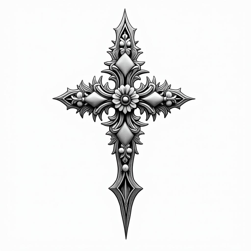 Cross dagger cloud olive treein ornamental tattoo style, featuring intricate symmetrical patterns and floral designs, showcasing highly detailed line work and geometric shapes, creating a sense of elegance and balance