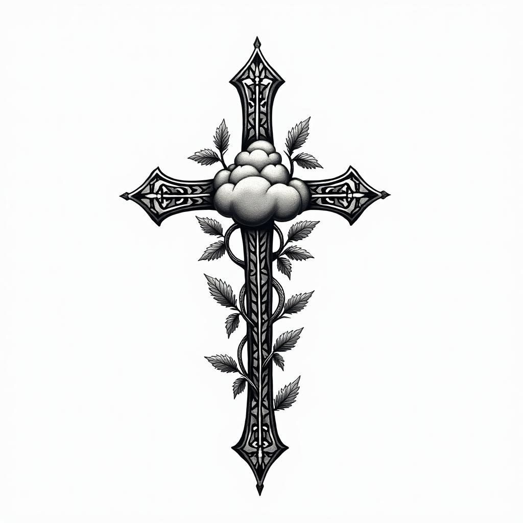 Cross dagger cloud olive treein ornamental tattoo style, featuring intricate symmetrical patterns and floral designs, showcasing highly detailed line work and geometric shapes, creating a sense of elegance and balance - Variation 2