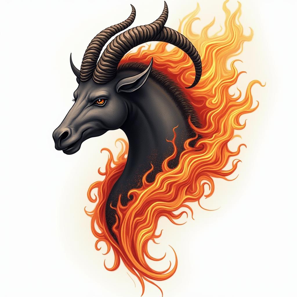 Ezra, Capricorn, December 27thin flame tattoo style showcasing fiery elements with dynamic flame patterns, glowing effect of flames, natural colors - Variation 2