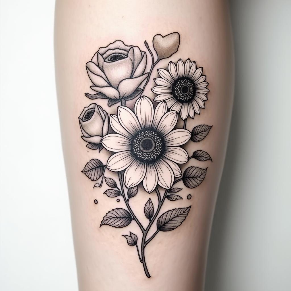 Roses and sunflowers on arm. No colorin Modest style tattoo, featuring soft, delicate line work with simple and meaningful symbols, gentle waves, a heart, evoking a sense of serenity and grace, - Variation 4