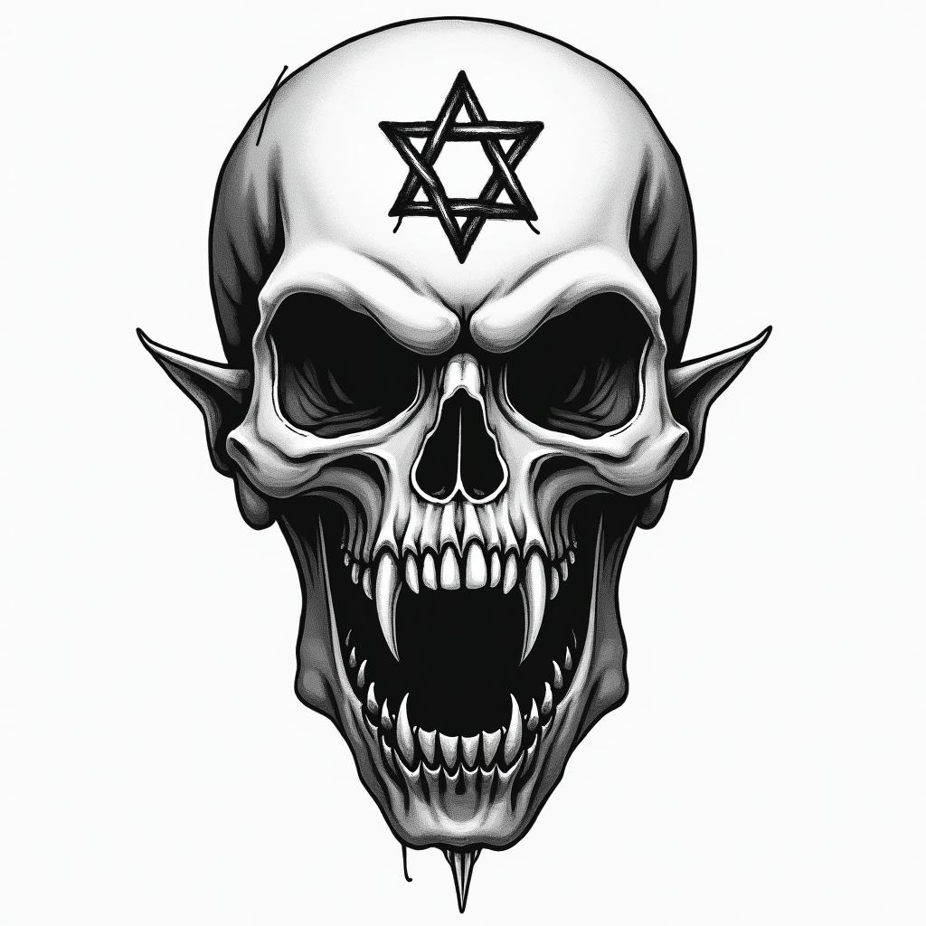 Hear no see no speak nocreepy horror tattoo style, featuring an eerie and unsettling skull of a demonic creature, distorted face with sharp fangs, add pentagram symbol - Variation 2