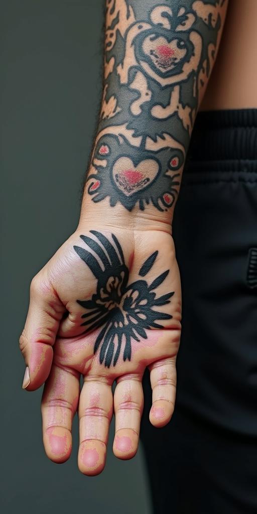 Idol handsin graffiti style tattoo, featuring bold and dynamic street art elements, spray-paint texture with exaggerated lines and expressive, chaotic brushstrokes, intricate lettering incorporated with graffiti tags, symbols like hearts, stars, and wings - Variation 3