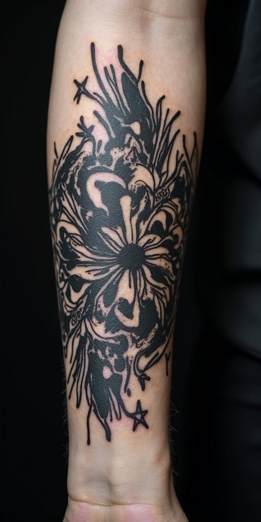 Idol handsin graffiti style tattoo, featuring bold and dynamic street art elements, spray-paint texture with exaggerated lines and expressive, chaotic brushstrokes, intricate lettering incorporated with graffiti tags, symbols like hearts, stars, and wings - Variation 2