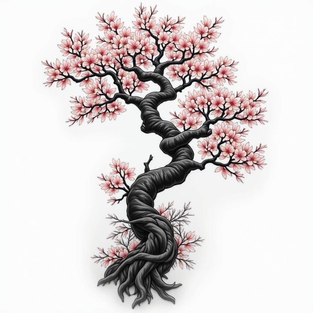 Full wrap around right right Sleeve Japanese style Samruai old school cherry blossom treein realism tattoo style, featuring a highly detailed, lifelike, capturing every detail, photorealistic, ultra realistic, intricate shading, smooth and sharp, - Variation 2