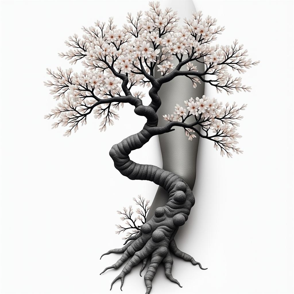 Full wrap around right right Sleeve Japanese style Samruai old school cherry blossom treein realism tattoo style, featuring a highly detailed, lifelike, capturing every detail, photorealistic, ultra realistic, intricate shading, smooth and sharp, - Variation 3