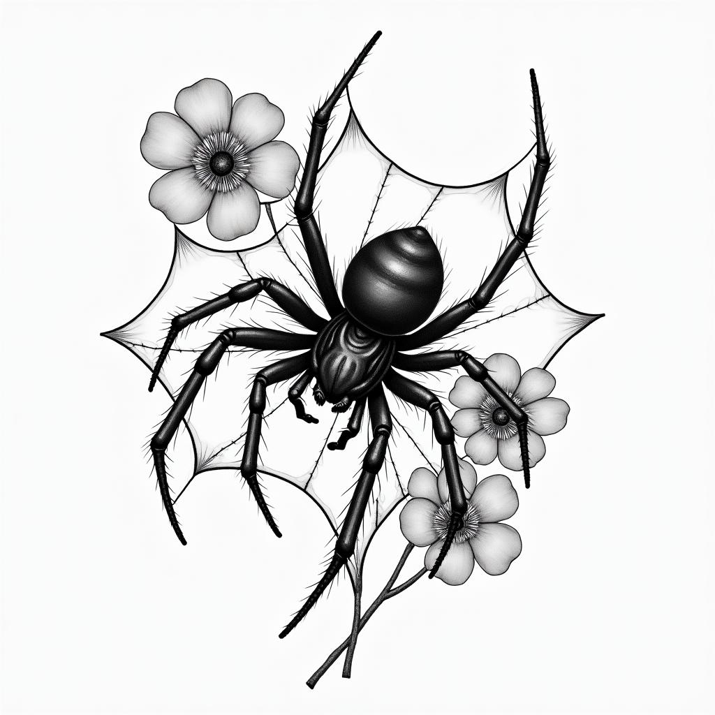Spider on a web surrounded by flowers with stemhigly detailed tattoo - Variation 13