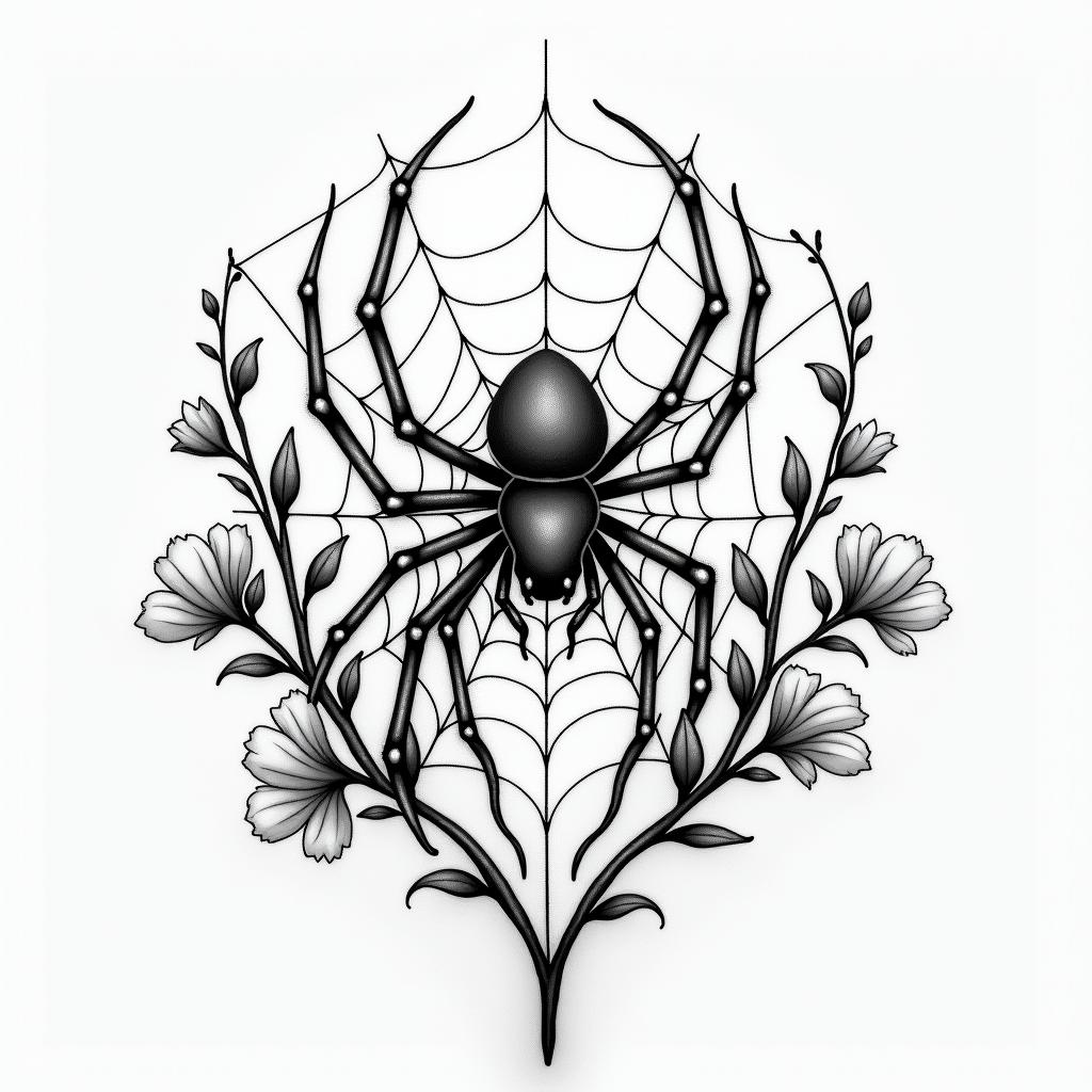 Spider on a web surrounded by flowers with stemhigly detailed tattoo - Variation 14