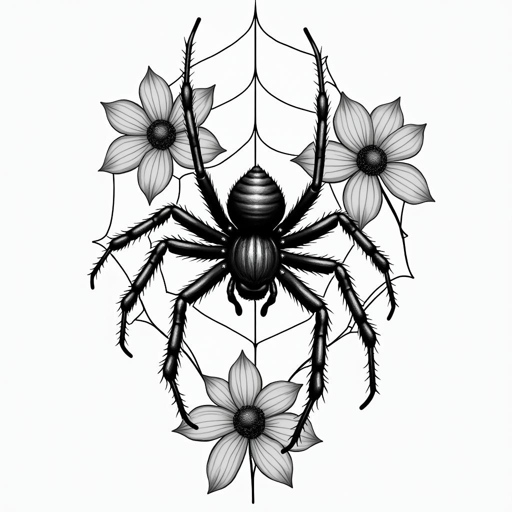 Spider on a web surrounded by flowers with stemhigly detailed tattoo - Variation 15