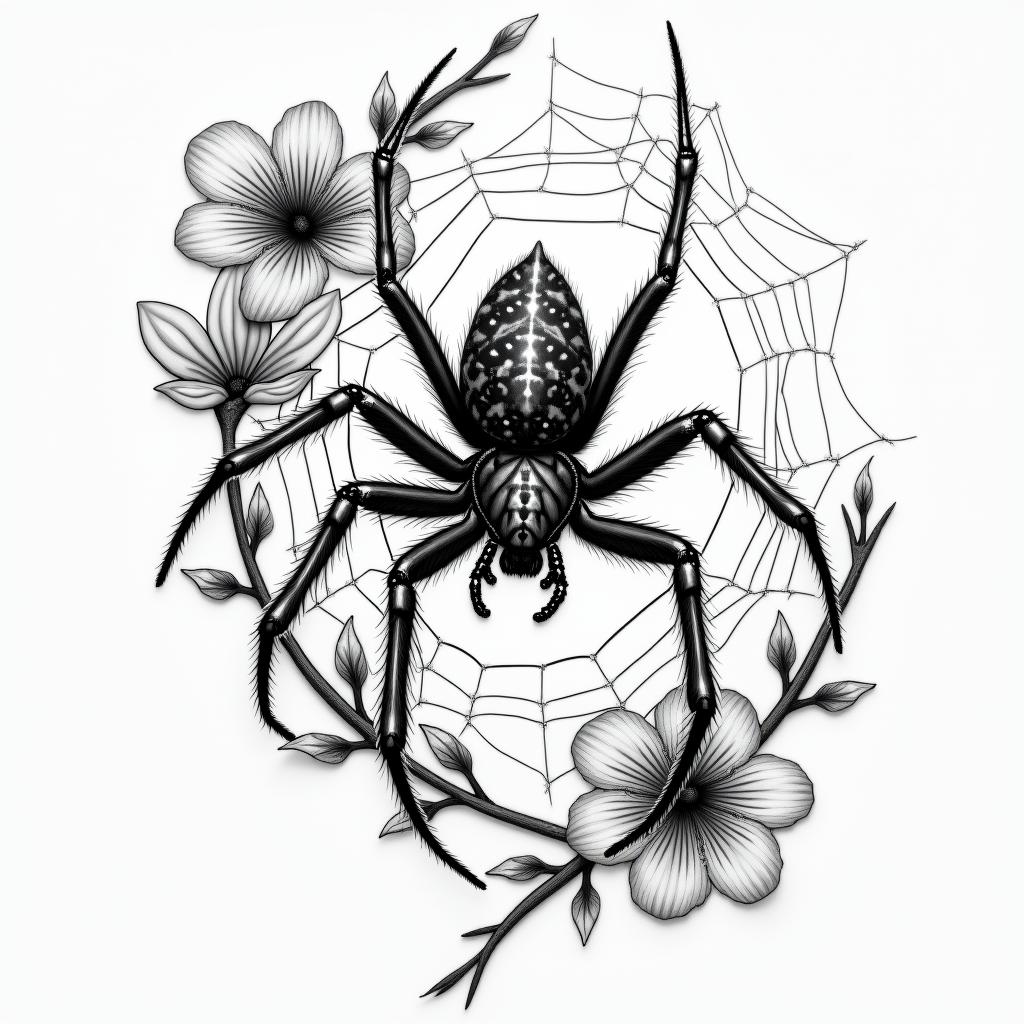 Spider on a web surrounded by flowers with stemhigly detailed tattoo - Variation 16