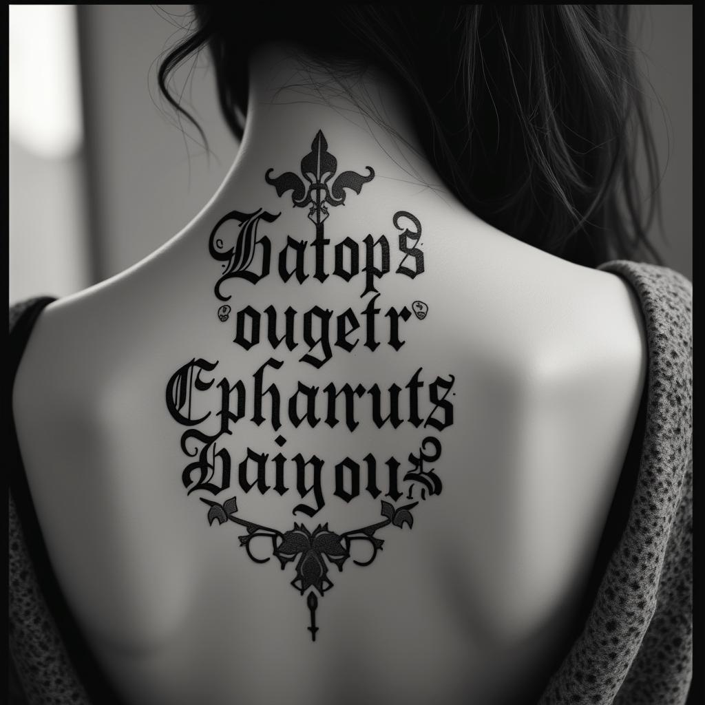 SARAtext-based tattoo, gothic font ultra-realistic, perfectly placed, high-quality font design, photo-realistic shading, 8k, high quality, finely detailed typography - Variation 2