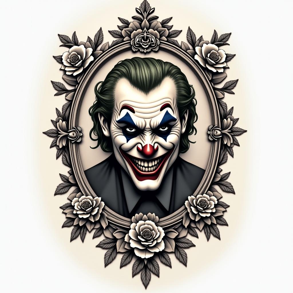 The Joker with a menacing smilein victorian style tattoo, featuring vintage and elegant elements, ornate frames, roses, antique, sepia-toned color scheme - Variation 2