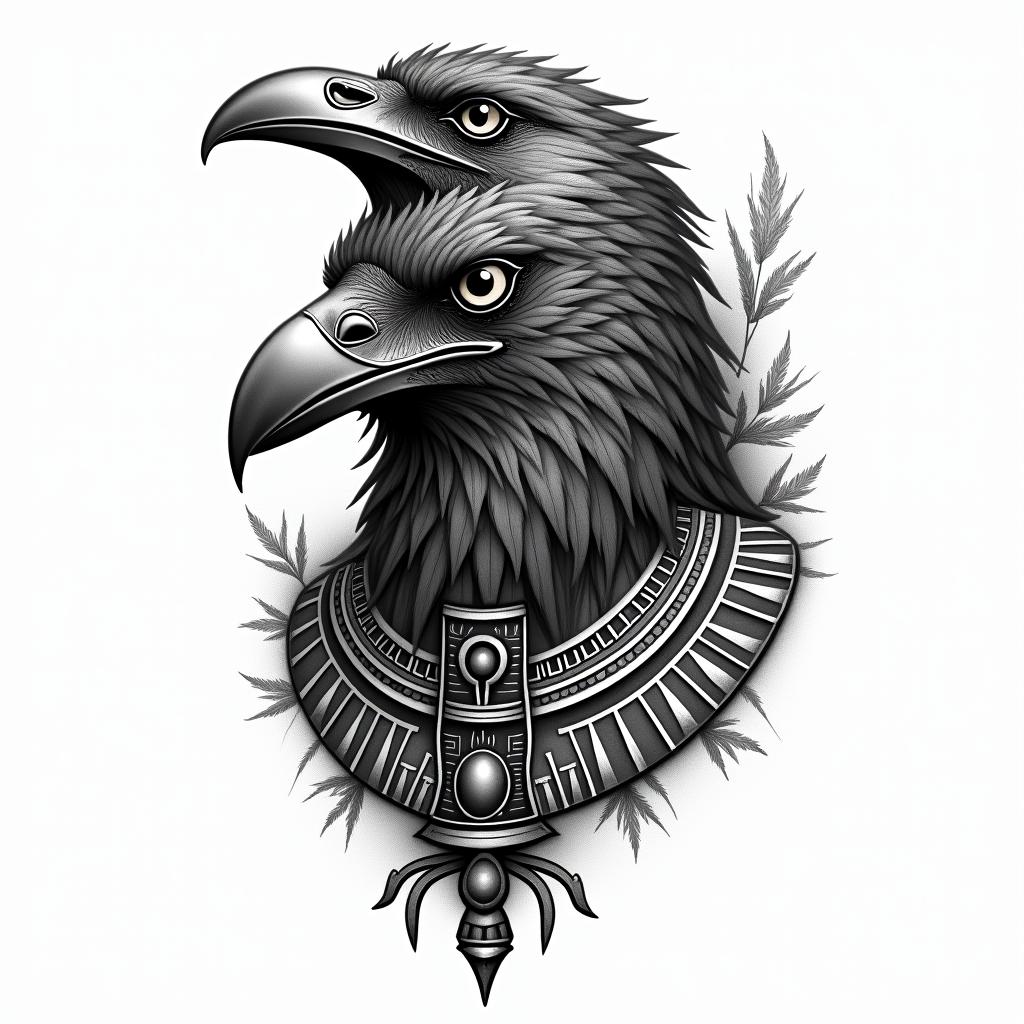 Crowin egyptian style tattoo, bold elements of ancient egyptian culture including a portrait of an Egyptian pharaoh with detailed facial features, in hieroglyphs and symbolic imagery, eye of horus, ankh symbol, scarab beetle - Variation 3