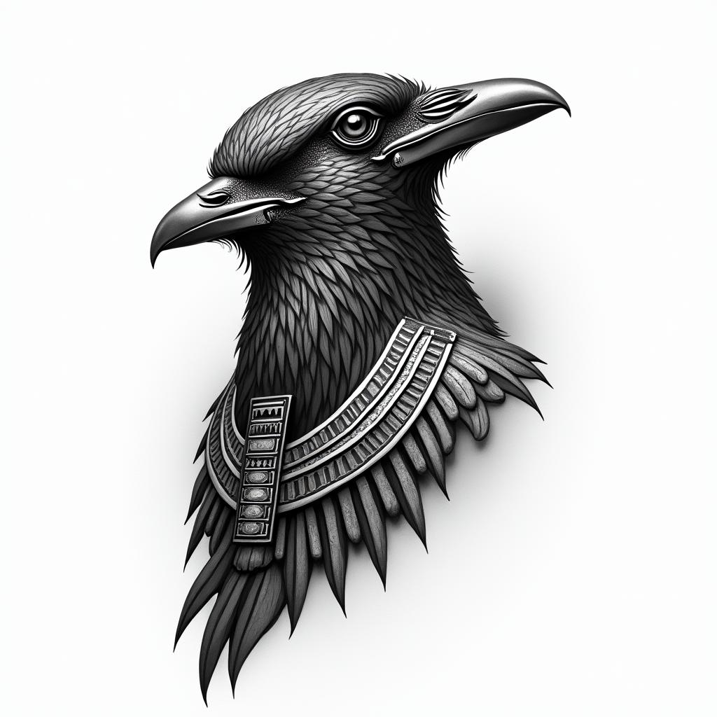 Crowin egyptian style tattoo, bold elements of ancient egyptian culture including a portrait of an Egyptian pharaoh with detailed facial features, in hieroglyphs and symbolic imagery, eye of horus, ankh symbol, scarab beetle - Variation 2