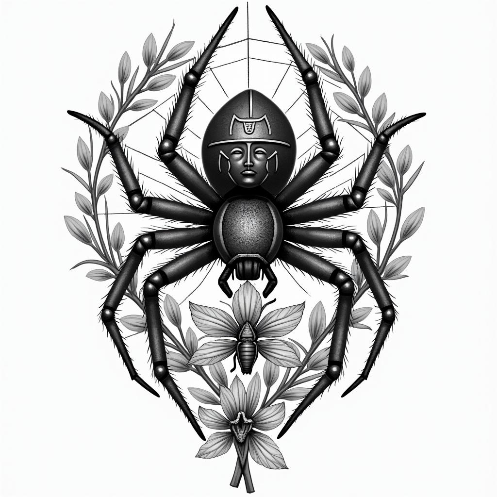 Spider on a web surrounded by flowers with stemin egyptian style tattoo, bold elements of ancient egyptian culture including a portrait of an Egyptian pharaoh with detailed facial features, in hieroglyphs and symbolic imagery, eye of horus, ankh symbol, scarab beetle - Variation 7