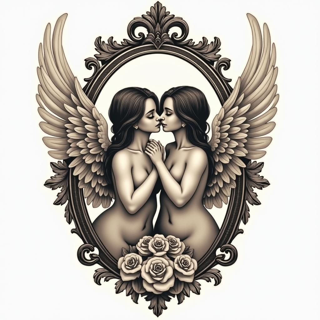 Angelsin victorian style tattoo, featuring vintage and elegant elements, ornate frames, roses, antique, sepia-toned color scheme
