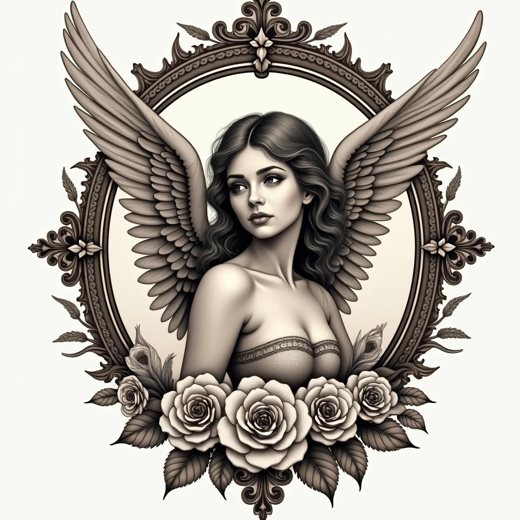 Angelsin victorian style tattoo, featuring vintage and elegant elements, ornate frames, roses, antique, sepia-toned color scheme - Variation 4
