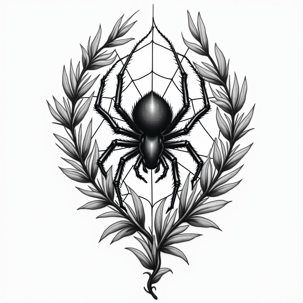 Spider on a web surrounded by flowers with stemhigly detailed tattoo - Variation 10