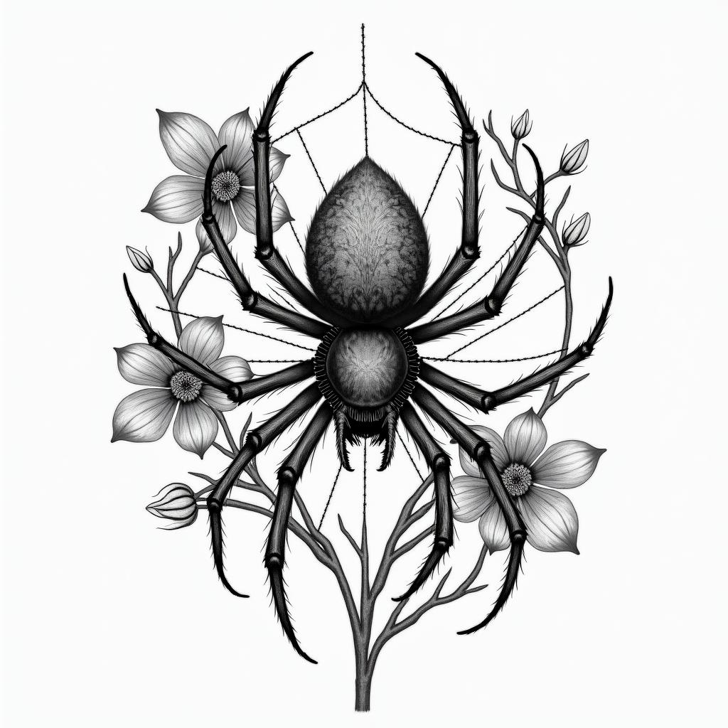 Spider on a web surrounded by flowers with stemhigly detailed tattoo - Variation 11