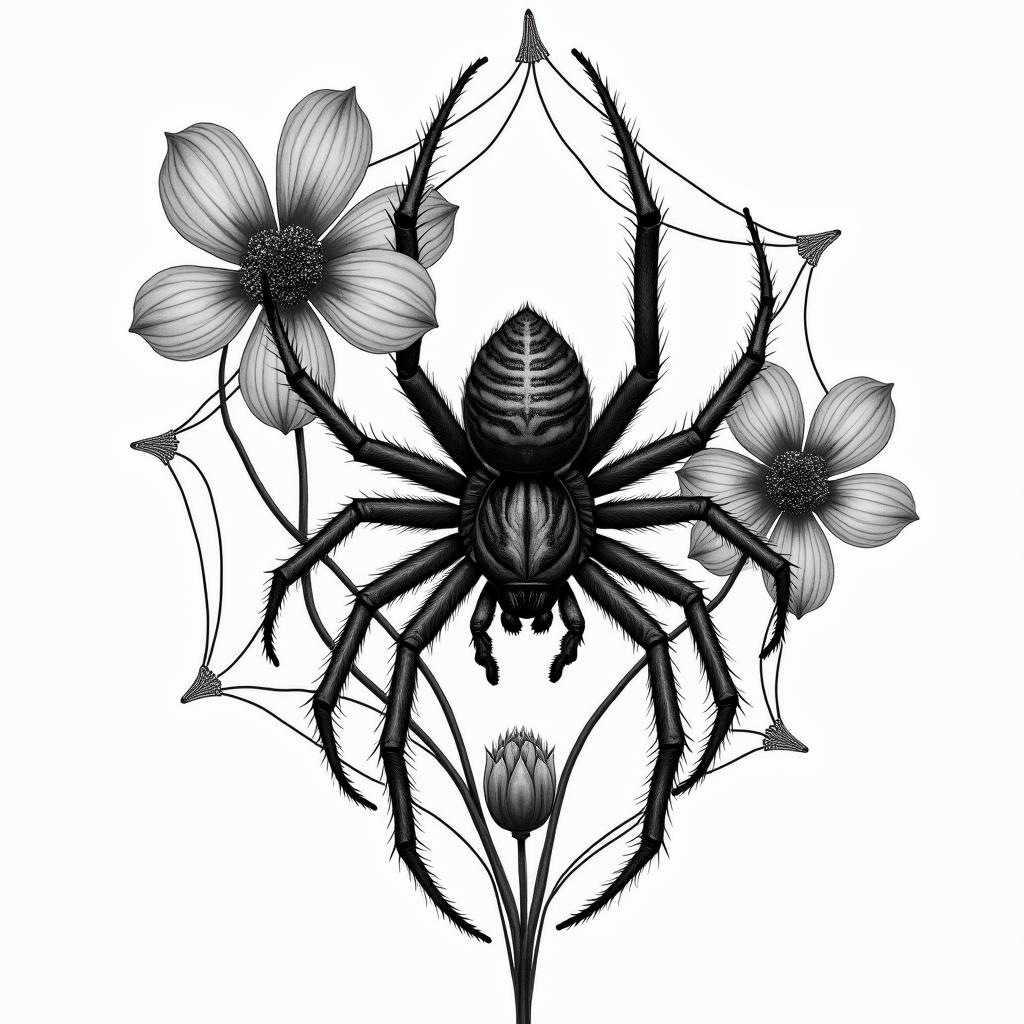 Spider on a web surrounded by flowers with stemhigly detailed tattoo - Variation 9