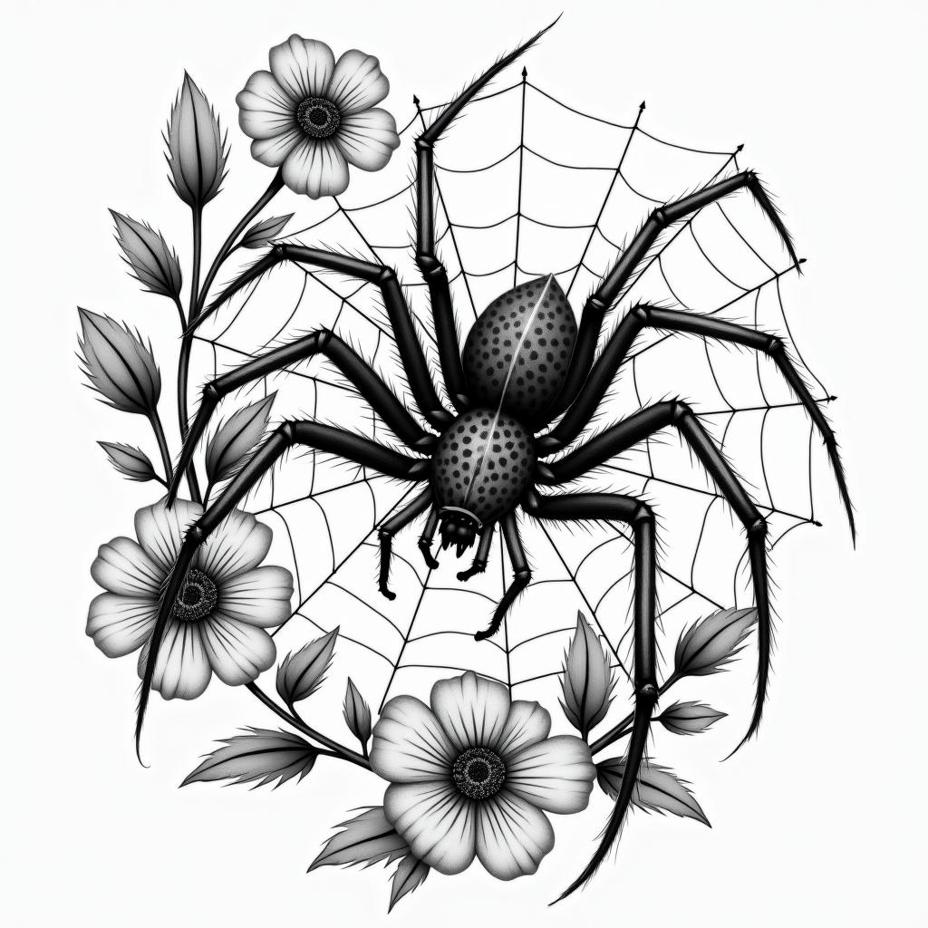 Spider on a web surrounded by flowers with stemhigly detailed tattoo - Variation 12