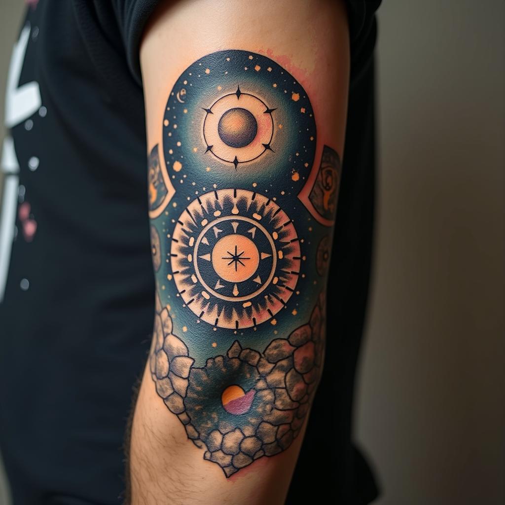 Spiral galaxy with stars and planetsin spiritual symbols tattoo style, featuring an intricate design incorporating elements, Hamsa hand, third eye, minimalist composition - Variation 6