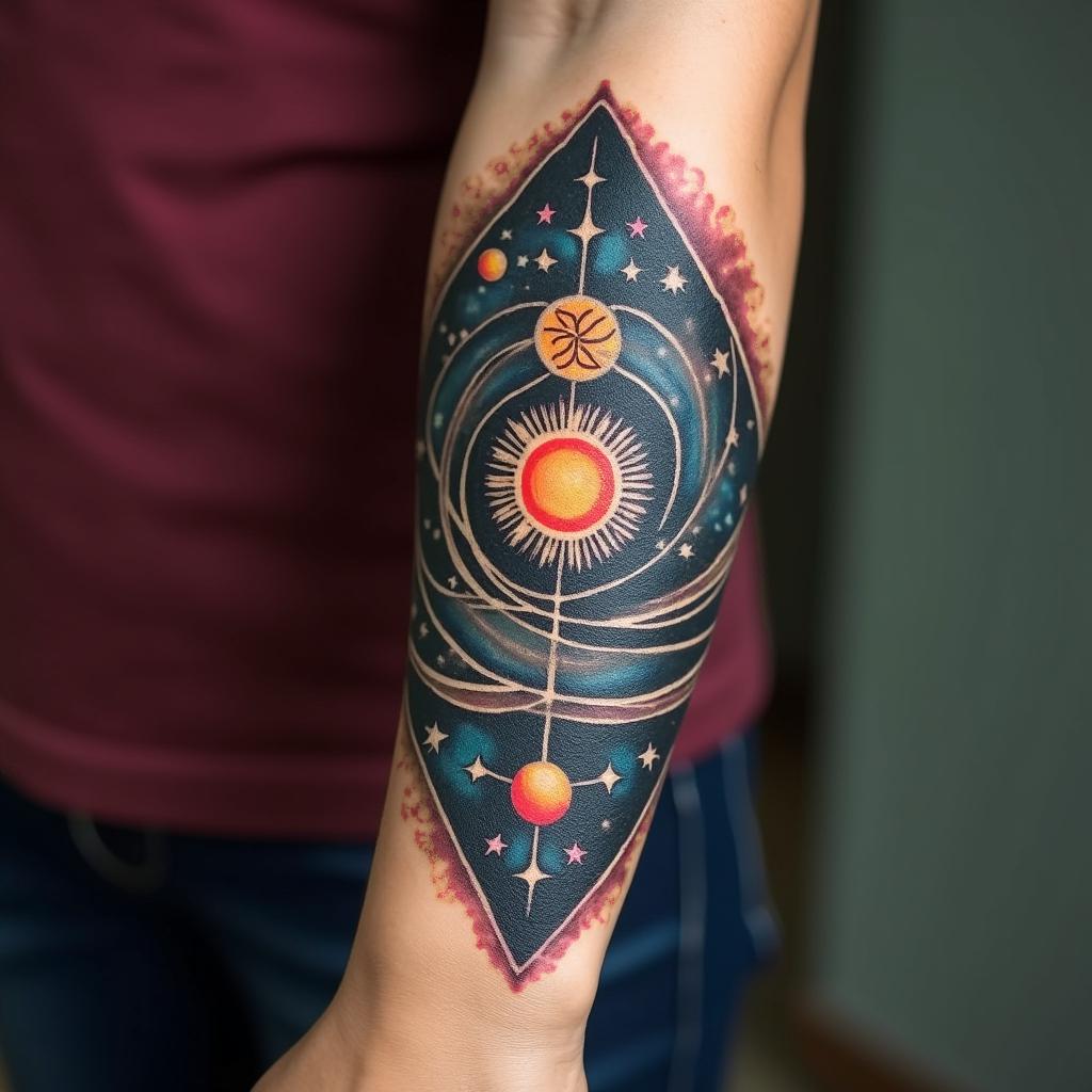 Spiral galaxy with stars and planetsin spiritual symbols tattoo style, featuring an intricate design incorporating elements, Hamsa hand, third eye, minimalist composition - Variation 5