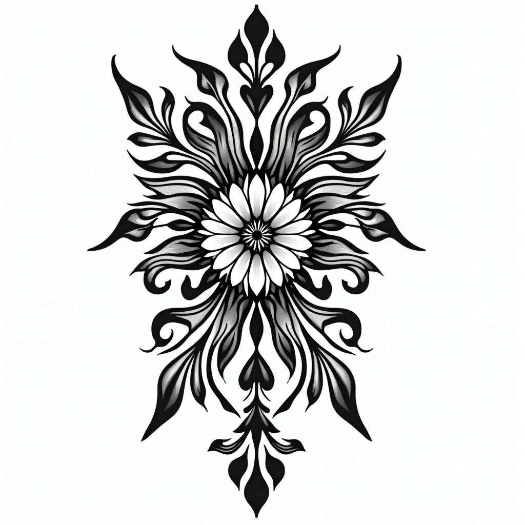 Crowin ornamental tattoo style, featuring intricate symmetrical patterns and floral designs, showcasing highly detailed line work and geometric shapes, creating a sense of elegance and balance