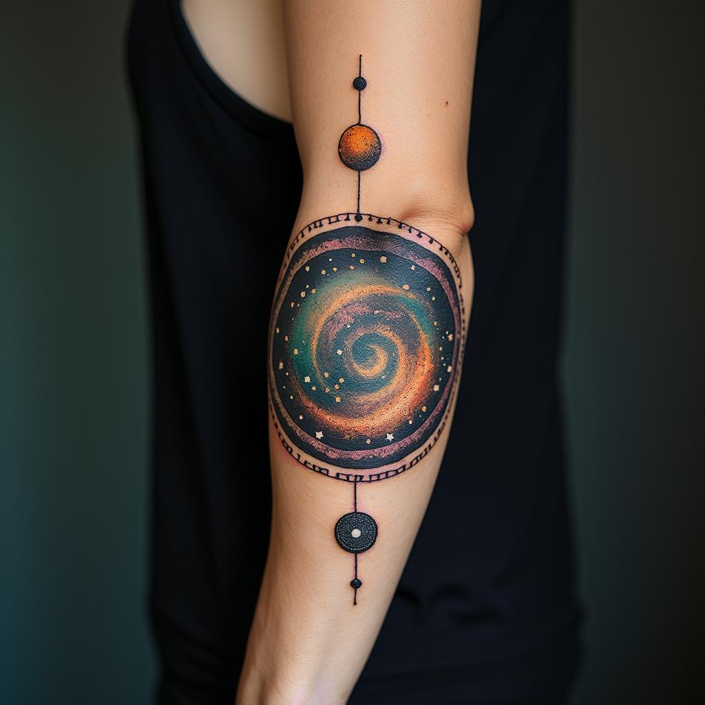 Spiral galaxy with stars and planetsin spiritual symbols tattoo style, featuring an intricate design incorporating elements, Hamsa hand, third eye, minimalist composition - Variation 3