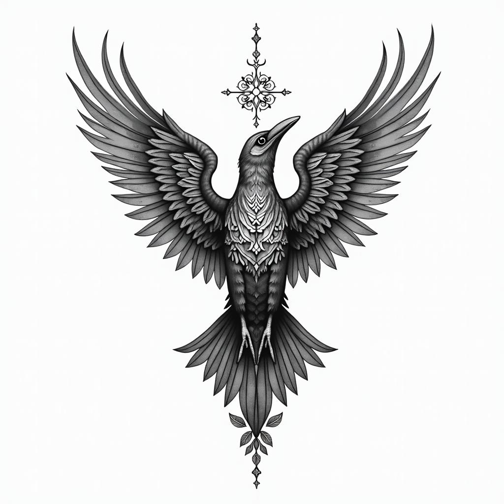 Crowin ornamental tattoo style, featuring intricate symmetrical patterns and floral designs, showcasing highly detailed line work and geometric shapes, creating a sense of elegance and balance - Variation 2