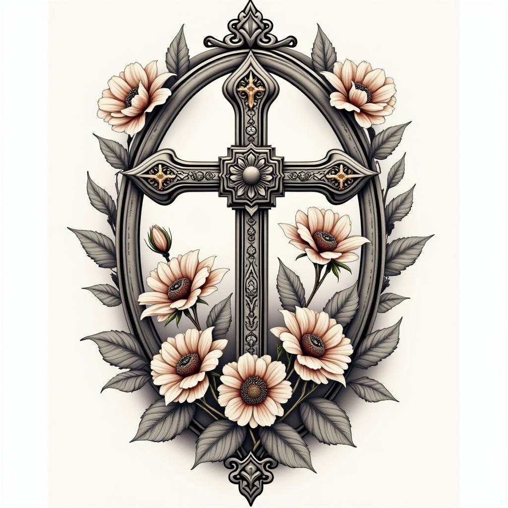 Roses, lillies, sunflowers time and crossesin victorian style tattoo, featuring vintage and elegant elements, ornate frames, roses, antique, sepia-toned color scheme - Variation 4
