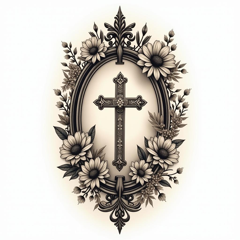 Roses, lillies, sunflowers time and crossesin victorian style tattoo, featuring vintage and elegant elements, ornate frames, roses, antique, sepia-toned color scheme