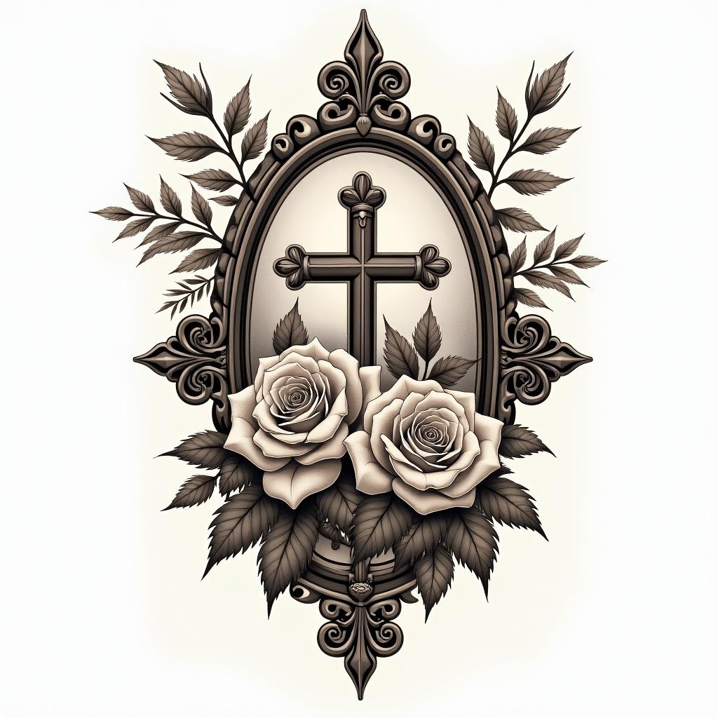 Roses, lillies, sunflowers time and crossesin victorian style tattoo, featuring vintage and elegant elements, ornate frames, roses, antique, sepia-toned color scheme - Variation 2