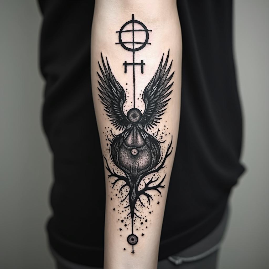 Gemini sign, nature, universe, spiritualityin graffiti style tattoo, featuring bold and dynamic street art elements, spray-paint texture with exaggerated lines and expressive, chaotic brushstrokes, intricate lettering incorporated with graffiti tags, symbols like hearts, stars, and wings